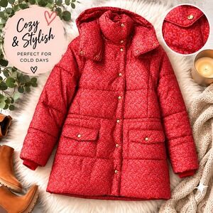 NWT J Crew Chateau Puffer Coat Small Red Liberty Toutouayette Print Hood Pockets